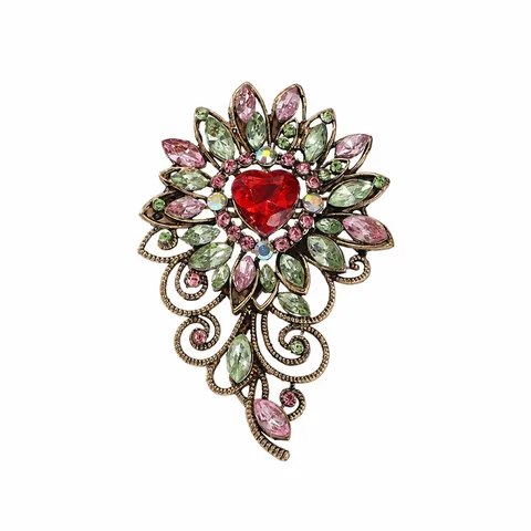 Vintage Court Style Alloy Rhinestone Flower Heart Brooch Elegance Hollow Out Design For Women Overcoat Gown Costume Accessories