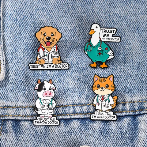 Whimsical Cartoon Animal Doctor Enamel Pin Alloy Brooch Funny Cat Dog Cow Duck Badge For Backpack Clothing Decoration Unisex Jewelry