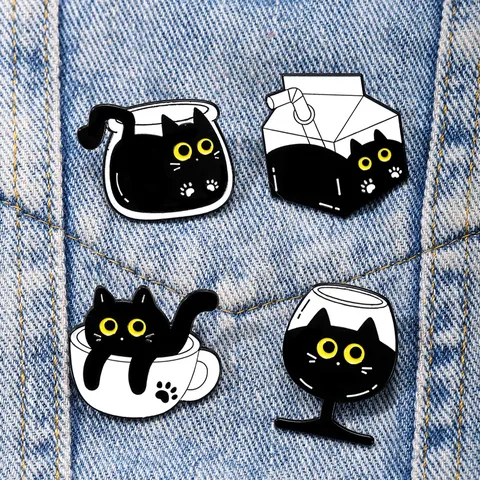 Cute Cartoon Black Cat Alloy Brooch Funny Quirky Enamel Badge Cup Cat Mushroom Kitten Lapel Pin For Backpack Clothes Decor
