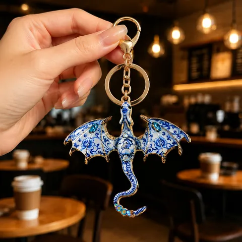 Flying Dragon Metal Keychain Alloy Enamel Rhinestone Blue And White Porcelain Animal Dragon Bag Pendant Ornaments Accessory