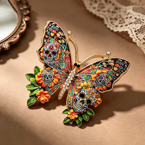 Tag Der Toten Schmetterling Totenkopf Brosche Vintage Gothic Legierung Strass Pin Floral Sugar Skull Abzeichen Für Kleidung Dekoration Unisex Schmuck