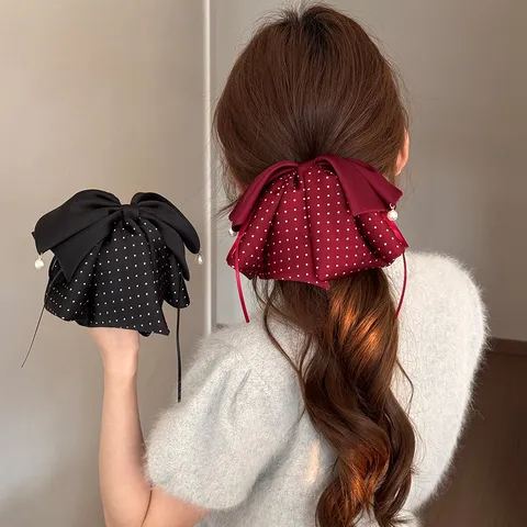 Polka Dot Schleife Haarkralle Mit Künstliche Perle Elegant Pferdeschwanz Haare Clip Haarklammer Kopfschmuck Für Damen
