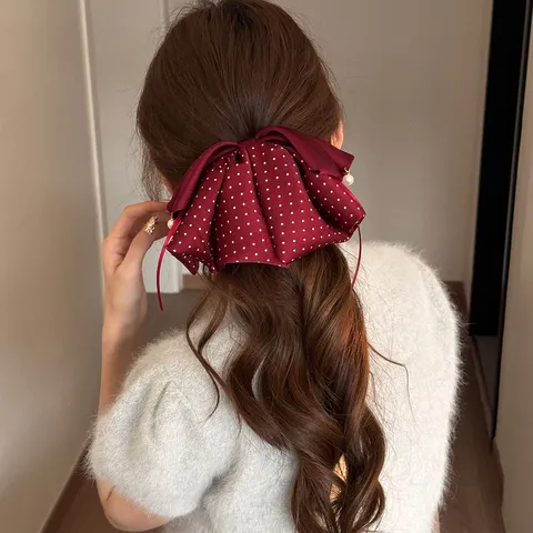 Polka Dot Schleife Haarkralle Mit Künstliche Perle Elegant Pferdeschwanz Haare Clip Haarklammer Kopfschmuck Für Damen
