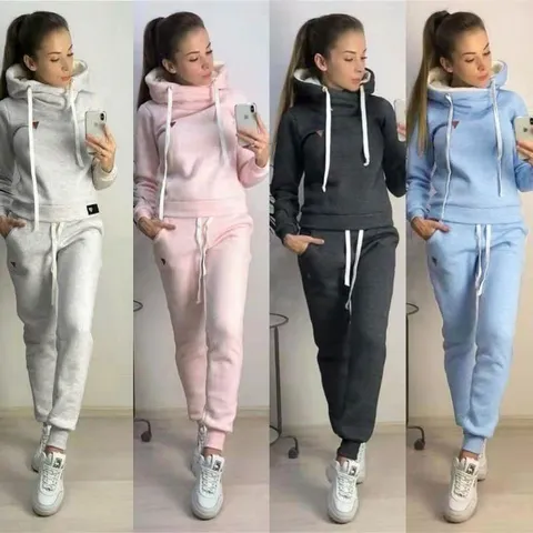 Women Casual Fleece Hooded Sweatshirt And Jogger Pants Set Long Sleeve Pullover Tracksuit With Leather Patch