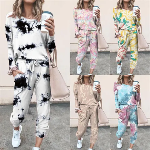 Conjunto de Sudadera y Pantalones de Jogger de Manga Larga con Estampado Tie-Dye Casual para Mujer Chándal de Dos Piezas