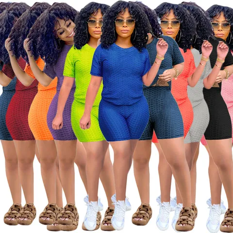 Traje Casual para Mujer Verano Cuello Redondo Color Sólido Manga Corta Parte Superior e Inferior Conjunto de Yoga de Dos Piezas Punto de Burbuja