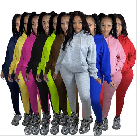 Damen Fleecegefüttertes Kapuzenpullover Hosen Set Einfarbig Lässig Sportlich Top Und Bottom Warm Winter Jogginganzug