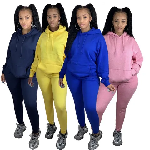Damen Fleecegefüttertes Kapuzenpullover Hosen Set Einfarbig Lässig Sportlich Top Und Bottom Warm Winter Jogginganzug