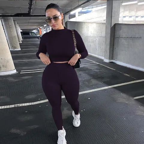 Chándal Casual Acanalado para Mujer Conjunto de Dos Piezas Ajustado Manga Larga Top And Bottom Traje de Descanso Deportivo para Otoño Invierno