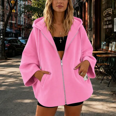 Women Casual Solid Color Hooded Zipper Jacket Autumn Loose Fit 3/4 Sleeve Outerwear Fashion Daily Coat