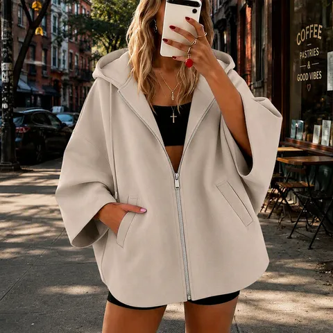 Women Casual Solid Color Hooded Zipper Jacket Autumn Loose Fit 3/4 Sleeve Outerwear Fashion Daily Coat