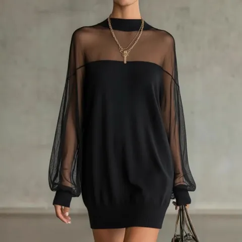 Women's Long Sleeve Stand Collar Mesh Patchwork Midi Dress Slim Fit High Waist Casual Elegant Black Dress