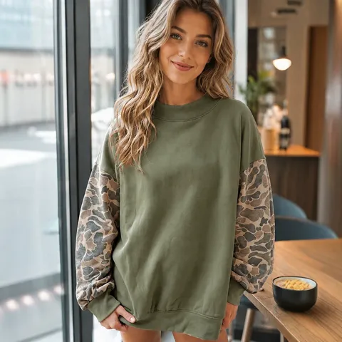 Women's Casual Loose Half High Neck Colorblock Camouflage Patchwork Long Sleeve Pullover Fleece Sweatshirt