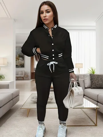 Tuta Sportiva da Donna in Poliestere Tinta Unita Con Giacca da Baseball Top And Bottom Set Casual Monopetto Sportivo