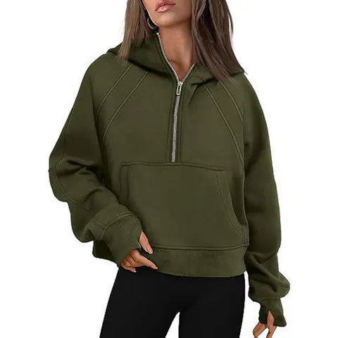 Sudadera con Capucha y Media Cremallera para Mujer Corta de Felpa Casual Deportiva con Agujeros para el Pulgar Bolsillo de Canguro Color Sólido Streetwear Top
