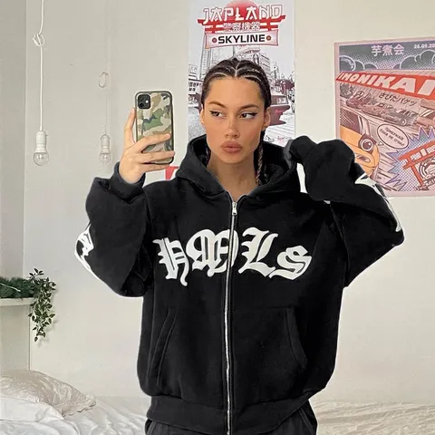 Women Street Style Hooded Sweatshirt Full Zip Up Long Sleeve Loose Hoodie Cotton Blend Casual Top