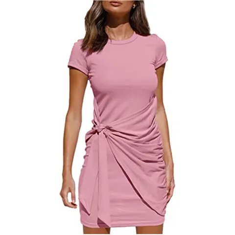 Women's Casual Short Sleeve Crew Neck Irregular Pleated Belted Midi Dress Fashion Elegant Solid Color Slim Fit Dress