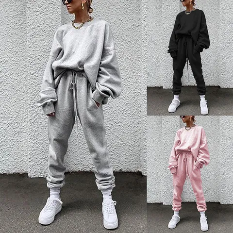 Top y Pantalón Casual para Mujer Poliéster Color Sólido Cuello Redondo Manga Larga Sudadera y Pantalón Deportivo con Cordón Atuendo Holgado