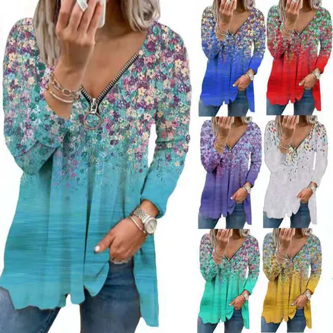 Camiseta Casual Floral Degradado Cuello V Manga Larga Top con Cremallera Slim Fit Moda Pullover para Mujer