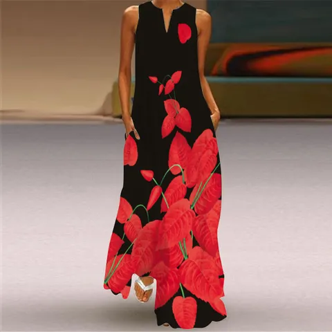 Vestido Largo Maxi para Mujer Estampado Floral Vintage Cuello en V Sin Mangas Vestido Suelto Con Bolsillos Rétro Verano