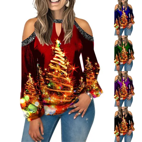 Women Casual Christmas Reindeer Print Cold Shoulder Top Long Sleeve T-Shirt Festive Round Neck Hollow Out Loose Apparel