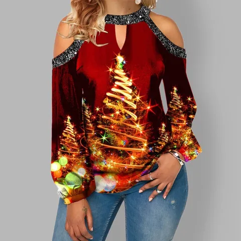 Women Casual Christmas Reindeer Print Cold Shoulder Top Long Sleeve T-Shirt Festive Round Neck Hollow Out Loose Apparel