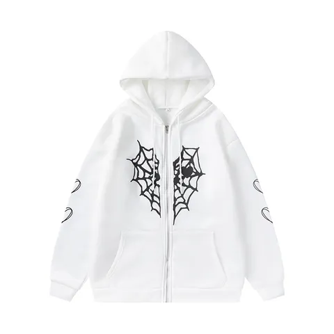 Sweat à Capuche Unisexe Streetwear Doublé en Polaire Zippé Imprimé Toile d'Araignée Cœur Sweat-shirt à Capuche Hiver Chaud Casual Top