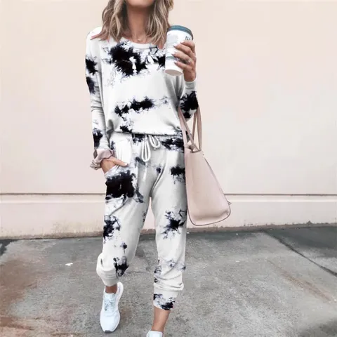 Conjunto De Chándal Casual Con Estampado Tie-Dye De Manga Larga Y Pantalón Para Mujer Traje De Deporte De Poliéster Cómodo
