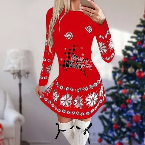 Women Christmas Long Sleeve Midi Dress Casual Round Neck Graphic Print Party Dress Winter Holiday Apparel