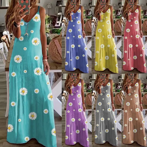 Vestido Maxi de Verano para Mujer Estampado de Margaritas Corte Ajustado Cuello en V Sin Mangas Estampado Floral Bohemio