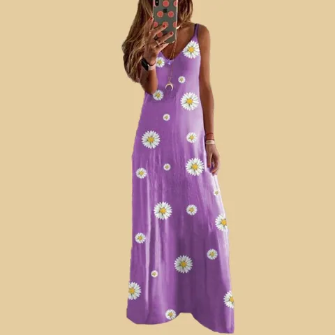 Vestido Maxi de Verano para Mujer Estampado de Margaritas Corte Ajustado Cuello en V Sin Mangas Estampado Floral Bohemio