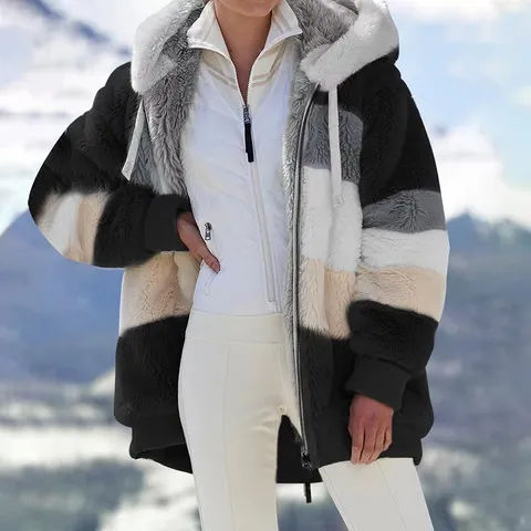 Women Casual Loose Polyester Plush Hooded Jacket Patchwork Color Block Long Sleeve Zipper Warm Outerwear For Autumn Winter