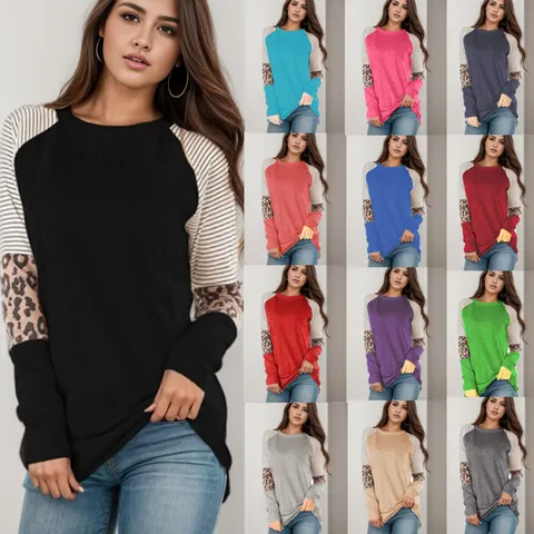 Women's Casual Leopard Print Color Block Striped Long Sleeve T-Shirt Cotton Blend Patchwork Slim Fit Round Neck Top