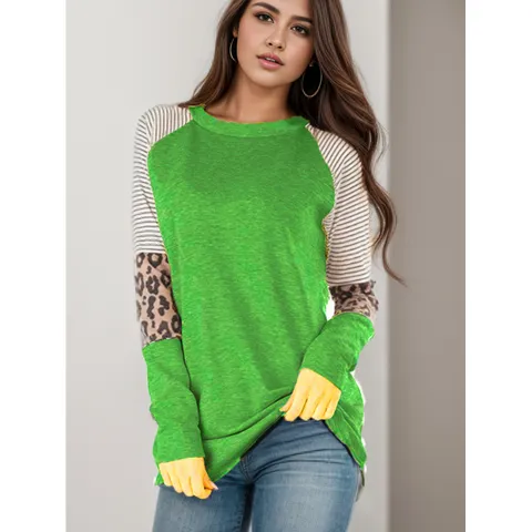 Women's Casual Leopard Print Color Block Striped Long Sleeve T-Shirt Cotton Blend Patchwork Slim Fit Round Neck Top