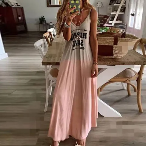 Women Slim Fit Letter Print Gradient Spaghetti Strap Maxi Dress Summer Sleeveless Bodycon Sundress Streetwear Holiday Outfits