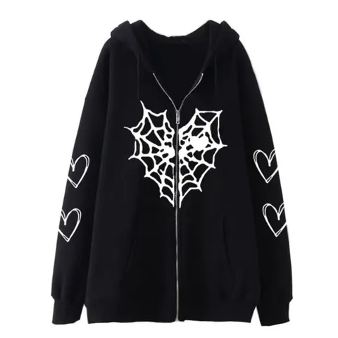 Sweat à Capuche Unisexe Streetwear Doublé en Polaire Zippé Imprimé Toile d'Araignée Cœur Sweat-shirt à Capuche Hiver Chaud Casual Top
