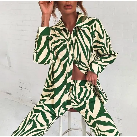 Ensemble Top Et Bottom Femme Polyester Imprimé Abstrait Streetwear Manches Longues Épaules Tombantes Chemise Pantalon Street Fashion Décontracté