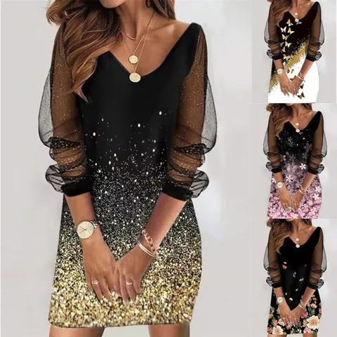 Women's Casual V-Neck Mesh Patchwork Sequin Dress Sheer Long Sleeve Print Bodycon Dresses For Party Evening Night Out Dress