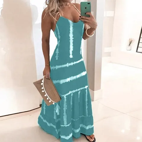 Vestido Largo Sexy con Cuello Halter para Mujer Estampado de Rayas Horizontales Espalda Descubierta Sin Mangas Poliéster Ajuste Delgado