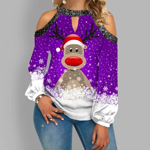 Camiseta de Manga Larga para Mujer Con Estampado de Alce de Navidad Hombros Descubiertos Cuello Redondo Casual de Triacetato Top Gráfico Festivo