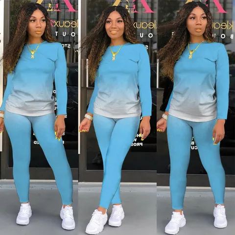 Conjunto de Top And Bottom Degradado para Mujer Manga Larga Ropa Deportiva Casual Chándal de Dos Piezas