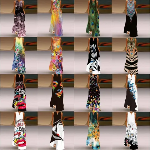 Vestido Largo Maxi para Mujer Estampado Floral Vintage Cuello en V Sin Mangas Vestido Suelto Con Bolsillos Rétro Verano