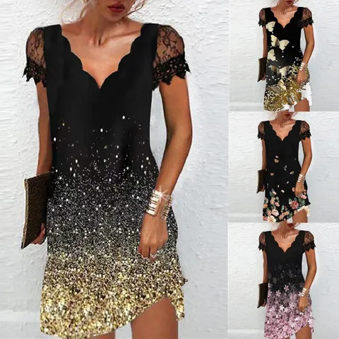 Damen V-Ausschnitt Spitze Patchwork Kurzarm Bedruckt Minikleid Elegant Blumen Schmetterling Muster Farbverlauf Sommer Freizeitkleid