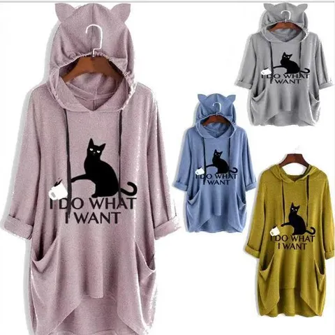 Women's Loose Plus Size Knit Hoodie Cat Ear Long Sleeve Sweatshirt With Irregular Cat Letter Print Casual Top
