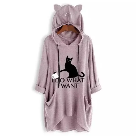 Women's Plus Size Acrylic Knit Hoodie Cute Cat Ear Hooded Sweatshirt Irregular Hem Cat Printed Pullover Top