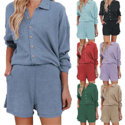 Γυναικείο Ριμπ Σετ Loungewear Πέτο Μακρυμάνικο Τοπ με Κουμπιά και Σορτς Casual Μονόχρωμη Φόρμα Σπιτιού