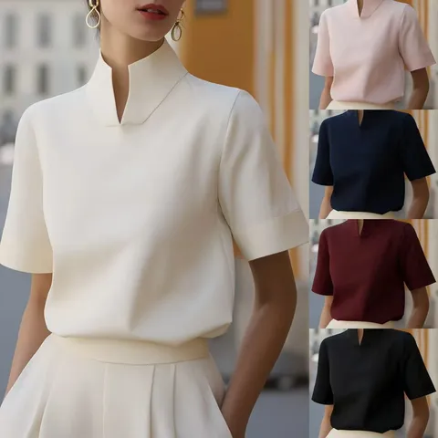 Camicia a Manica Corta con Collo alla Coreana Stile Cinese Estivo da Donna Elegante Commuting Tinta Unita Casual Top