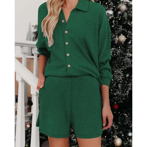 Γυναικείο Ριμπ Σετ Loungewear Πέτο Μακρυμάνικο Τοπ με Κουμπιά και Σορτς Casual Μονόχρωμη Φόρμα Σπιτιού