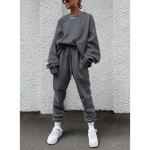 Top y Pantalón Casual para Mujer Poliéster Color Sólido Cuello Redondo Manga Larga Sudadera y Pantalón Deportivo con Cordón Atuendo Holgado