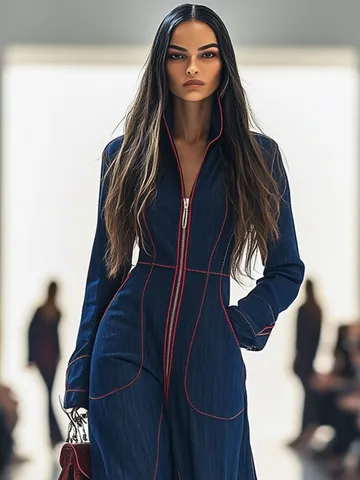 Women's Slim V-Neck Long Sleeve Denim Style Jumpsuit Solid Color Big Pockets Casual Front Zipper Autumn Winter Polyester Romper